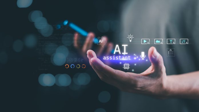 Glowing text AI assistant with icons for voice, image, video, text, and music generation represents a virtual smart assistant, generative AI tools, advanced machine learning for content creation.